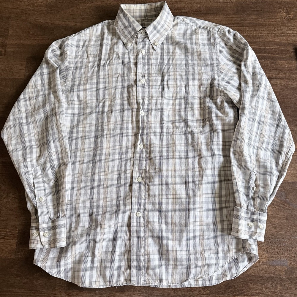 Canali Sportswear Button Down Medium Dress Shirt Glen Plaid White Beige Black